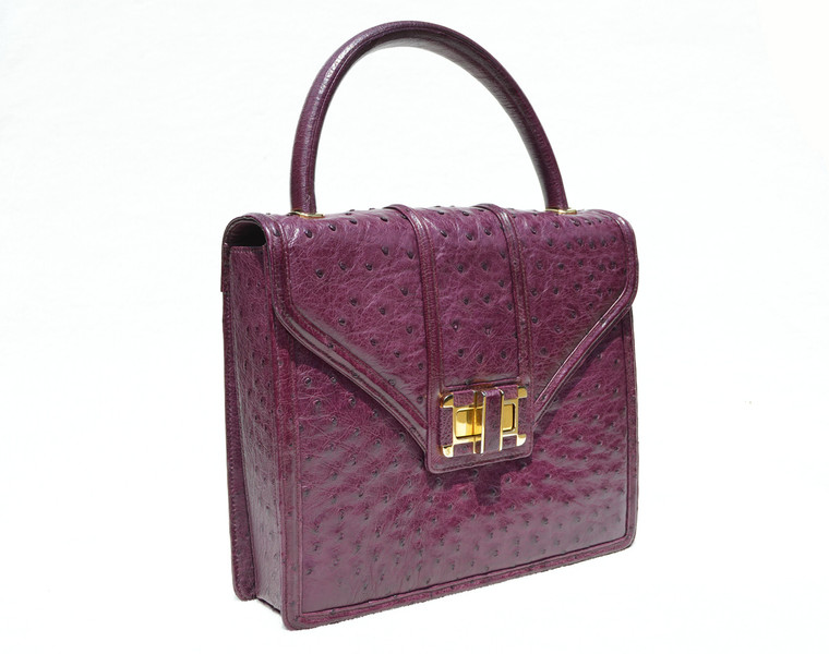 Stunning PLUM Purple 1980's-1990's OSTRICH Skin Handbag - COMTESSE