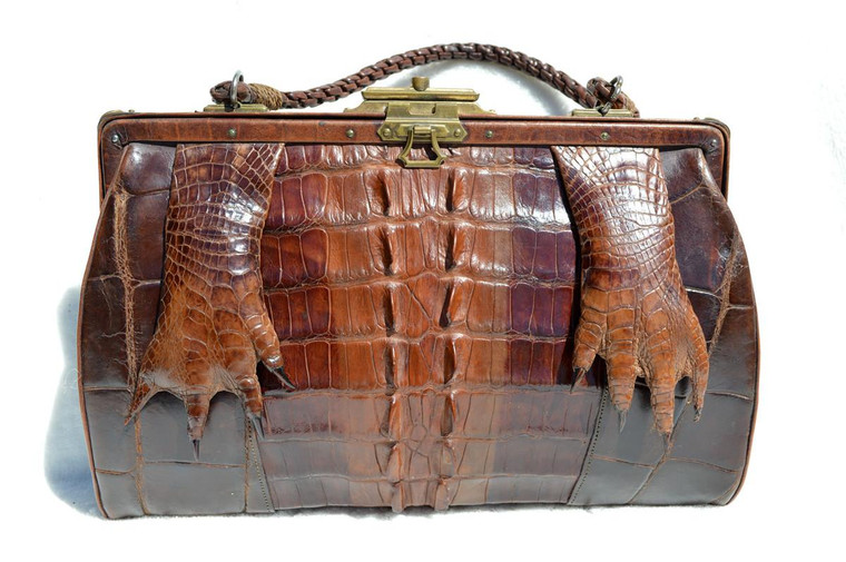  Lovely Brown 1940's-50's Alligator Tail Skin Handbag w/Paws 