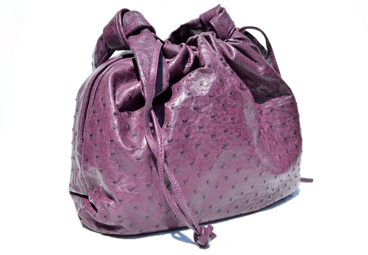  Late 1990's - 2000's XL 15" x 11" Dark Eggplant PURPLE OSTRICH Skin Drawstring Handbag Shoulder Bag 