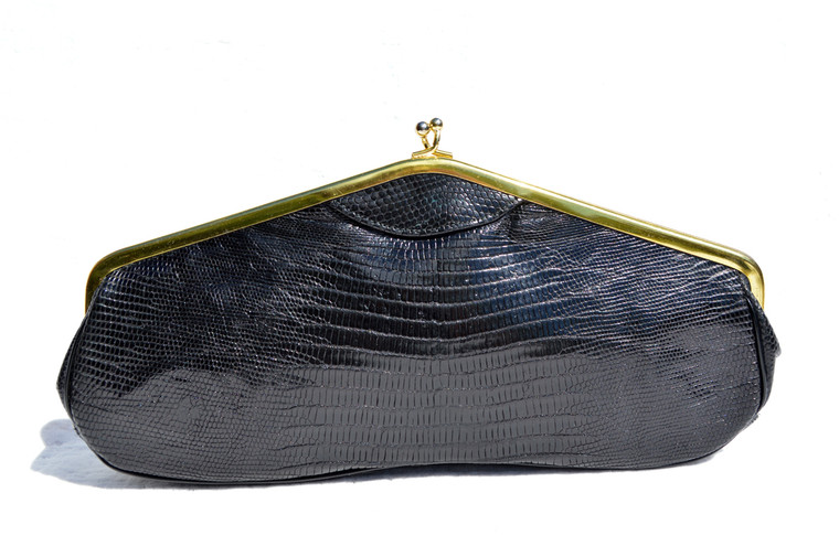 Fabulous Deco JET BLACK 1950's-60's Lizard Skin CLUTCH Purse