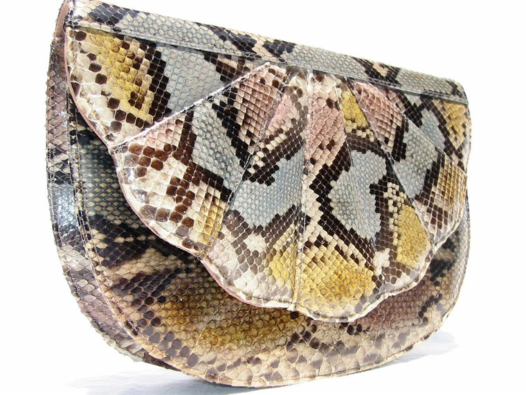  FAN SHAPE 1970's-80's Multi-Color PYTHON Skin CLUTCH Shoulder Bag 