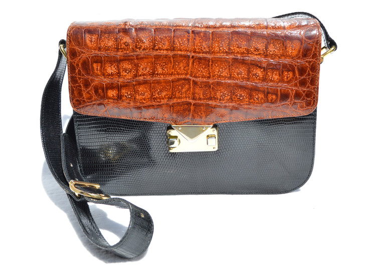 Cognac & Black LANA MARKS -  LANA OF LONDON 1990's CROCODILE & LIZARD Skin Shoulder Cross Body Bag