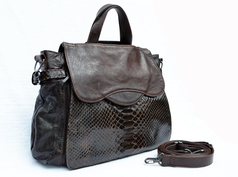 BOHO Casual Dark BROWN 1970's-80's PYTHON Snake Skin & Leather SATCHEL Handbag Shoulder Bag