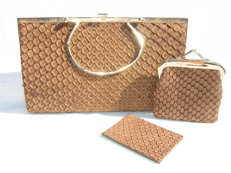  COCOA BROWN 1960's LOEWE Matte PYTHON Skin Handbag w/Purse! 