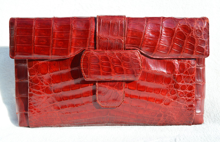 XXL Gorgeous 15" RED 1950's ALLIGATOR Belly Skin Clutch Bag - ARGENTINA