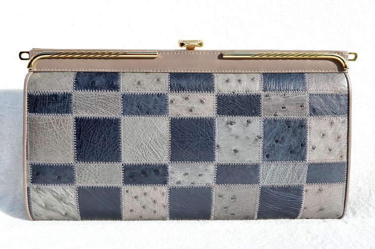  Color Block 1970's-80's Gray & Black Patchwork Ostrich Skin Clutch Shoulder Bag 
