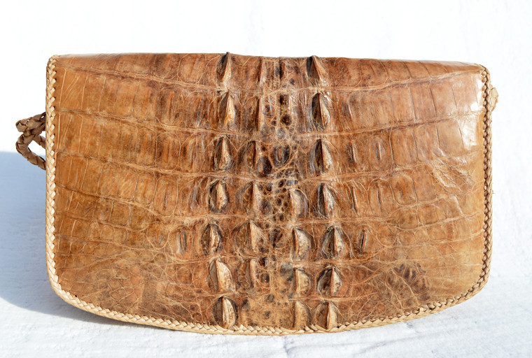 Tan & Gray BOHO Style 1960's Hornback Crocodile Skin CROSS BODY Shoulder Bag
