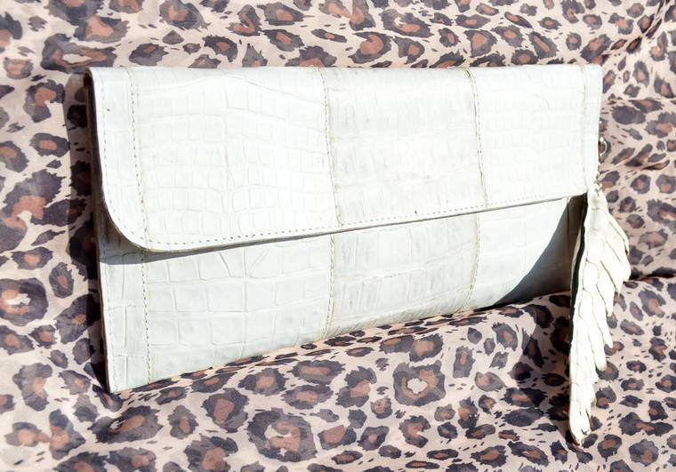  Early 2000's WHITE Caiman CROCODILE Skin Clutch with TAIL Clip 