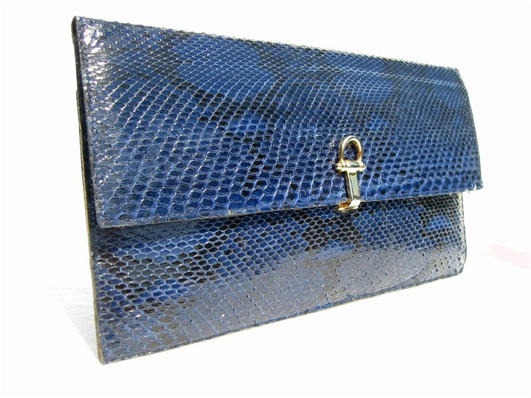  Sleek ELECTRIC BLUE 1960's PYTHON Snake Skin CLUTCH - FIORI 