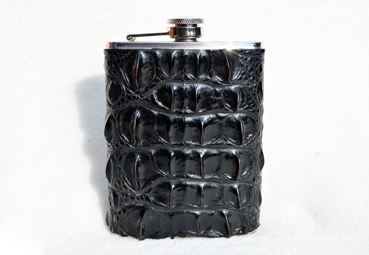 Custom Black HORNBACK Alligator Skin 8 Oz. Stainless Hip FLASK - NEW!