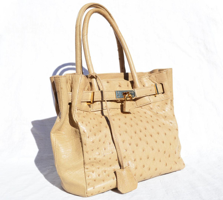  New! Hazelnut Tan Belted Ostrich Skin Handbag w/Lock & Keys 