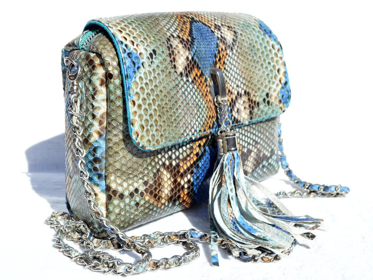  Stunning Chanel-Style Early 2000's Blue Gray PYTHON Skin Shoulder Cross Body Bag 