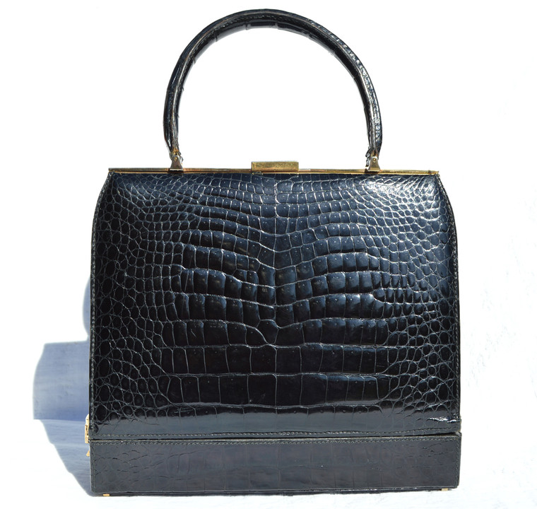 Stunning 1950'-60's BLACK Crocodile Porosus Belly Skin SAC MALLETTE Handbag