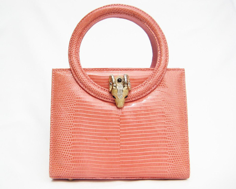  Early 2000's PINK Lizard Skin Handbag - Double ROUND Handles - Enamel RAM 