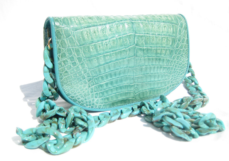 Neiman Marcus TURQUOISE 1990's Crocodile Belly Skin Shoulder CROSS BODY Bag Clutch