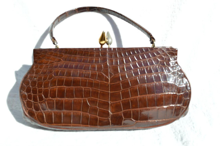  KORET Petite 1940's-50's Chocolate Brown Alligator Skin Handbag 