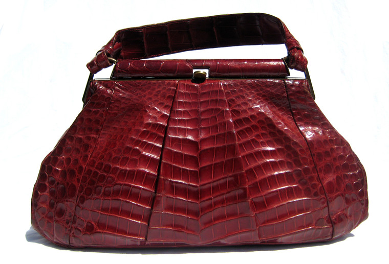 Lovely XL 14" RED 1950's-60's ALLIGATOR Belly Skin Handbag - ARGENTINA?
