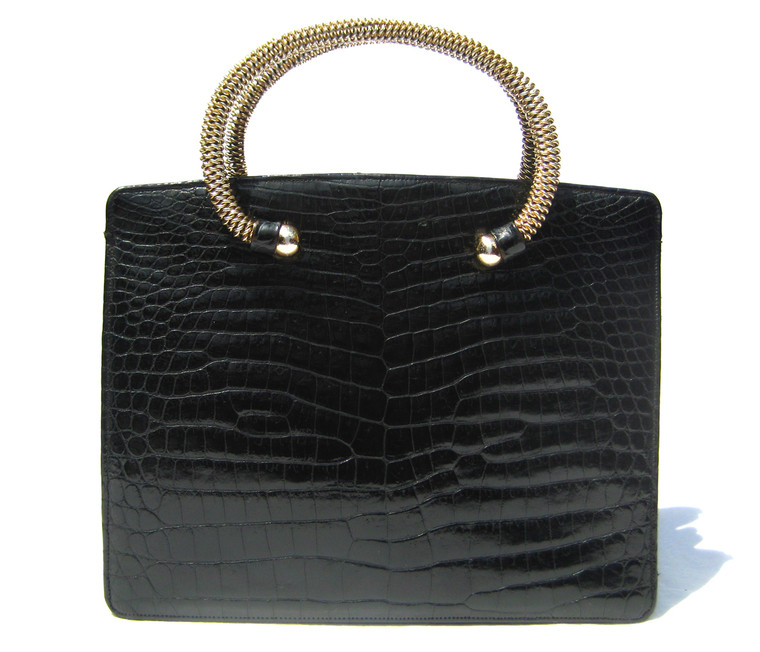 RARE JET BLACK 1950's-60's MARTIN VAN SCHAAK Crocodile Porosus Skin Handbag - Metal Handles!