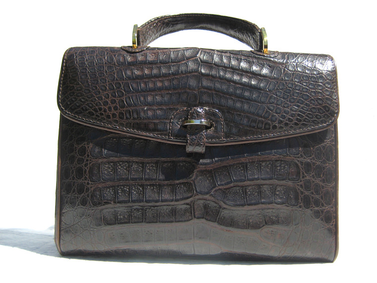 XL 1990's-2000's Tobacco Brown CROCODILE Belly Skin Handbag SATCHEL Shoulder Bag- ITALY!