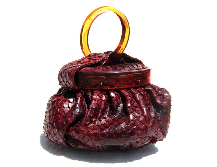  1940's RED Python Snake Skin Wristlet Handbag w/LUCITE Frame & Handle - 