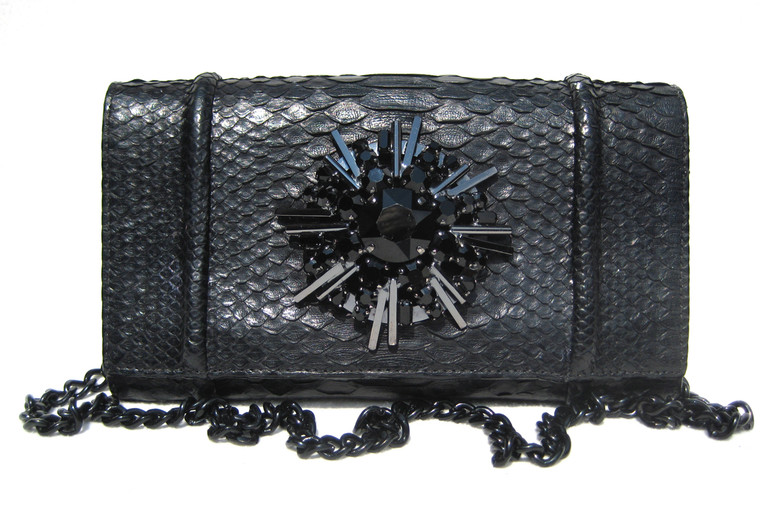 Dramatic Jeweled BLACK Python Snake Skin Clutch Shoulder Bag - Falchi