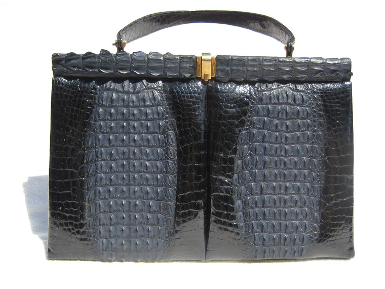 XXL JET BLACK 1960's Double HORNBACK Crocodile Skin Handbag - Tail Trim!
