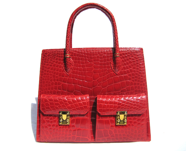 Huge 12 x 10 Early 2000's LANA MARKS Red ALLIGATOR Belly Skin Handbag Shoulder Bag - Boxed!