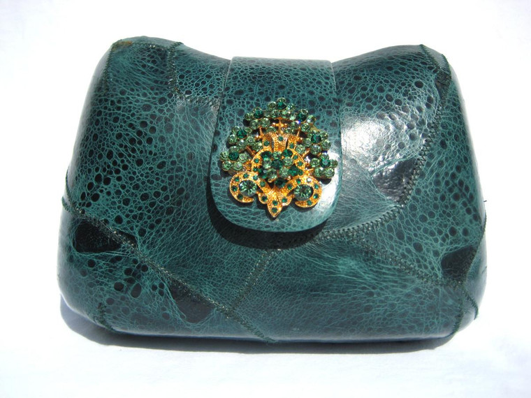  Jeweled GREEN 1970's GENUINE FROG SKIN Clutch Shoulder Bag 