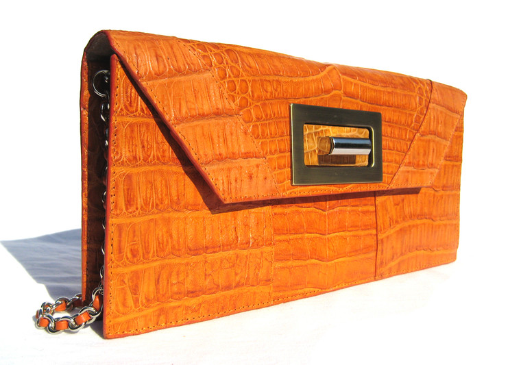 Burnt ORANGE & Tan 1990's-2000's Crocodile Belly Skin CLUTCH Shoulder Bag - ITALY