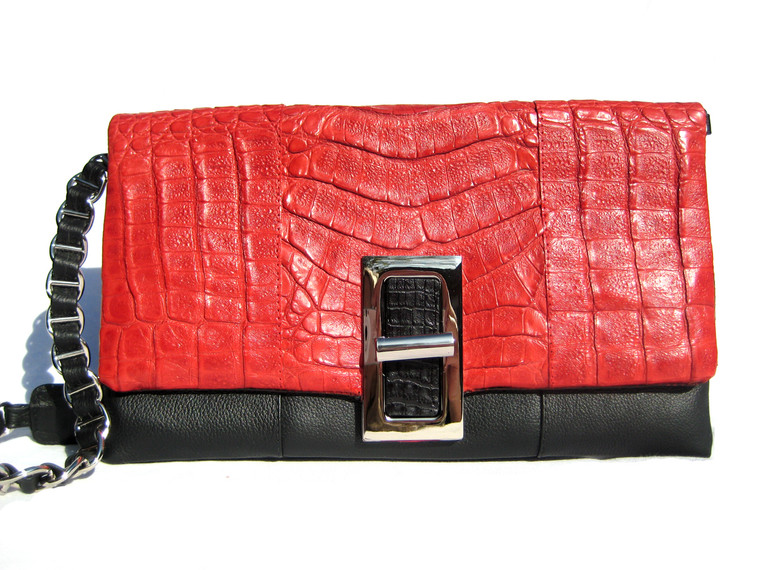 Color Block Black & RED 1990's-2000's Crocodile Belly Skin & Leather Shoulder Bag - ITALY