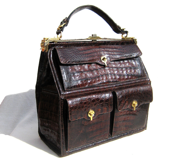 XL 14 x 14 Dark Brown 1960's Crocodile Skin Travel Bag Case!