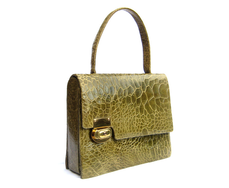 Gorgeous MOSS GREEN 1950's-1960's TURTLE Skin Handbag