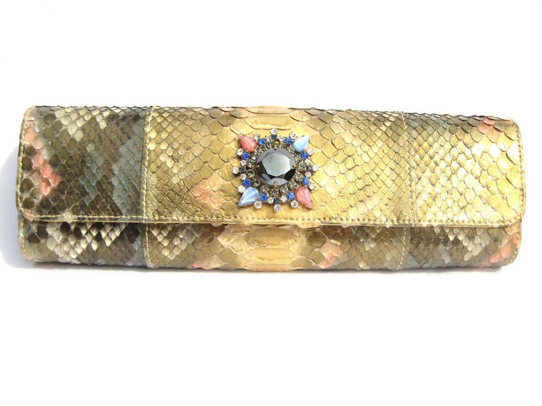  Stunning Jeweled Gold, Blue & Pink Python Snake Skin Clutch Shoulder Bag - Falchi 