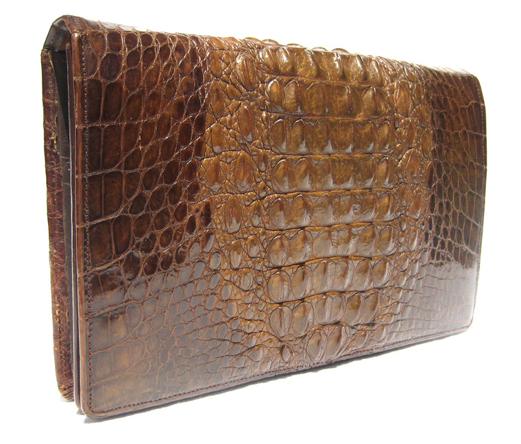 Super Unisex Rich Chocolate Brown 1960's Hornback ALLIGATOR Skin Clutch Folio Bag