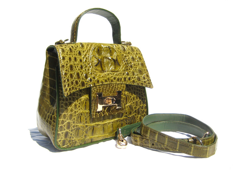 OLIVE GREEN  Early 2000's HORNBACK Crocodile Skin Handbag Cross Body Shoulder Bag