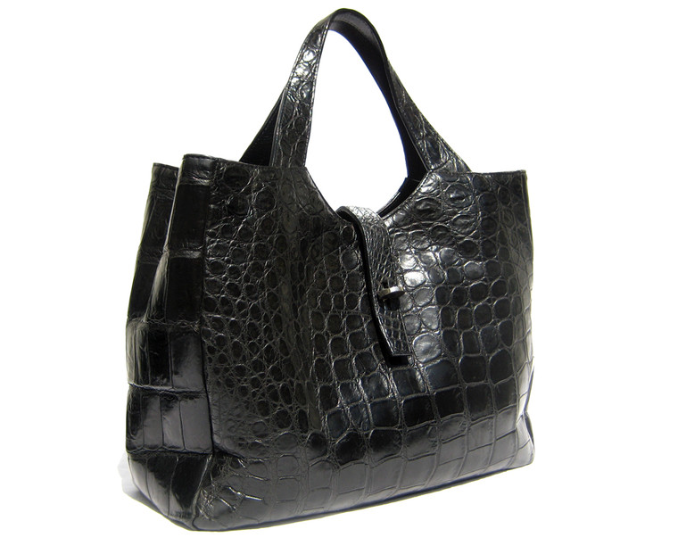 XL Early 2000's JET BLACK Matte ALLIGATOR Belly Skin Handbag Satchel
