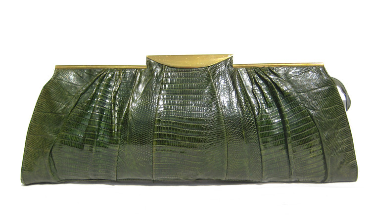 1940's-50's 16" Long Art Deco GREEN  Deco Style Lizard Skin Clutch Bag