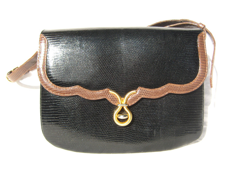  Black & Tan MARTIN VAN SCHAAK 1960's-70's Lizard Skin Shoulder Bag