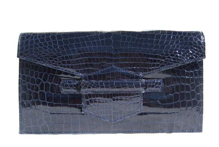 Chic NAVY BLUE 1990's-2000's Glossy ALLIGATOR Belly Skin CLUTCH Bag