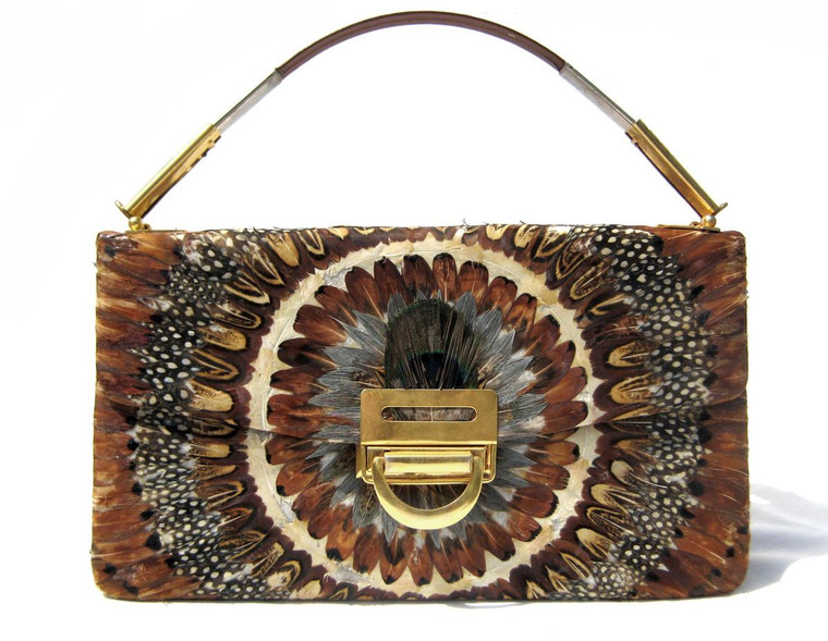  Versatile 1970's-1980's PEACOCK Feather CLUTCH Handbag Shoulder Bag 