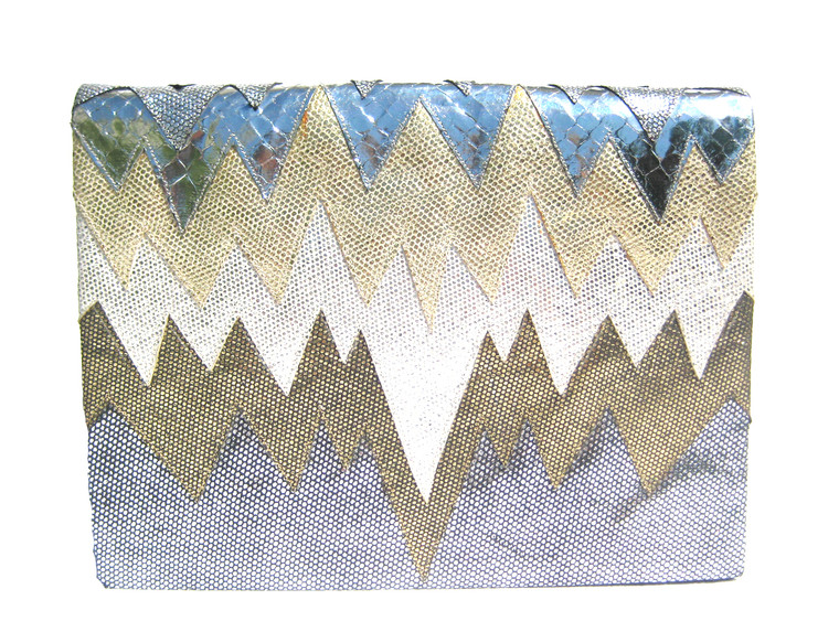 METALLIC Silver, Gold & Cream 1980's Snake Skin Clutch Shoulder Crossbody Bag - ANDREA PFISTER