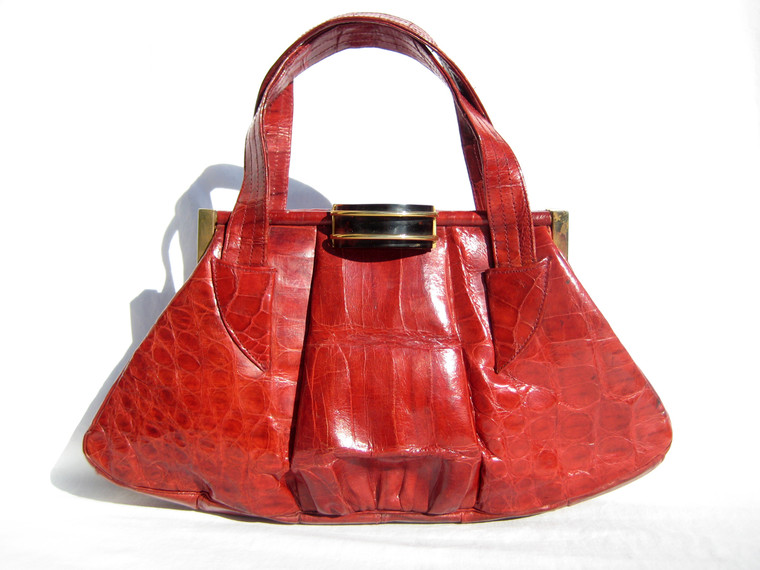 1940's-50's Large RED CROCODILE Skin Clutch Bag w/Bakelite - Argentina