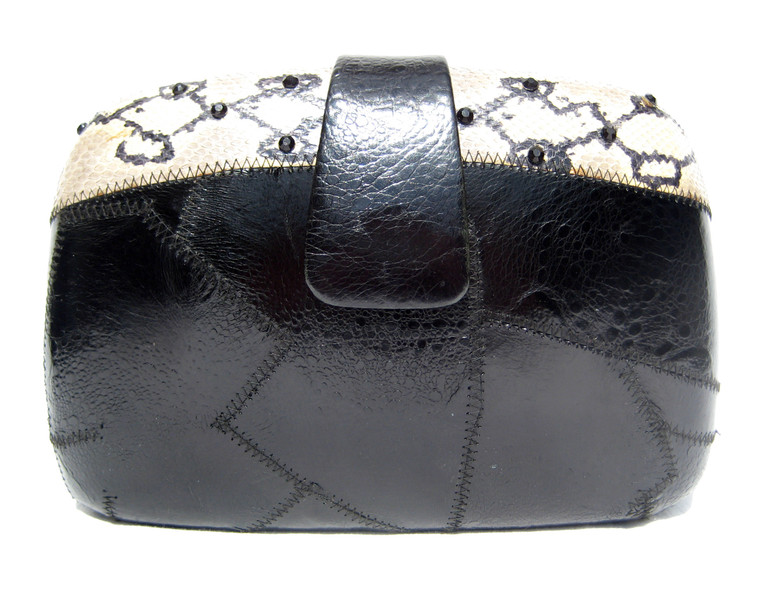 Jeweled BLACK & Cream 1970's FROG & SNAKE SKIN Clutch Shoulder Bag w/ Change Purse!