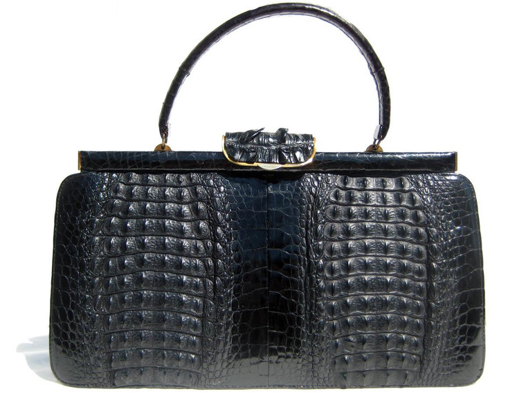  Remarkable JET BLACK 1960's Hornback ALLIGATOR Skin Handbag - Horned Clasp! 