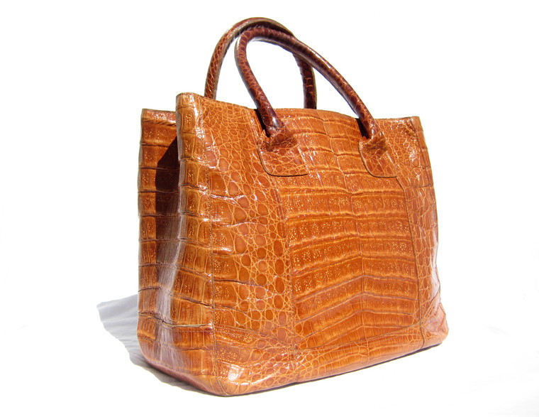 Early 2000's XL 14 x 11 Honey CARAMEL Crocodile Belly Skin Handbag TOTE Satchel - LAI