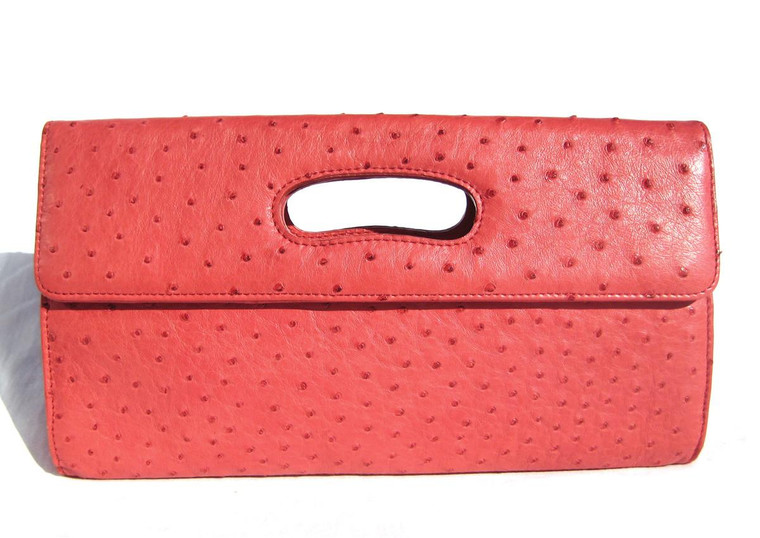  Classic 1990's-2000's Red Ostrich Skin Clutch Handbag 