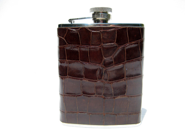 New! Dark Brown ALLIGATOR Belly Skin 6 Oz. Stainless Hip FLASK 