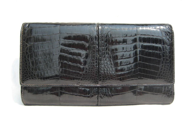  JET BLACK 1990's-2000's Double CROCODILE Belly Skin Clutch Shoulder Bag - BIJOU MEDICI, Italy 
