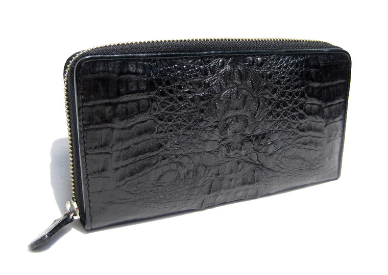 New! 2000's Jet Black HORNBACK CROCODILE Skin Zippered WALLET Clutch Bag