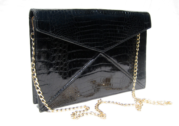 NEW 2010's  JET BLACK Crocodile Skin Envelope Clutch Bag - Italy